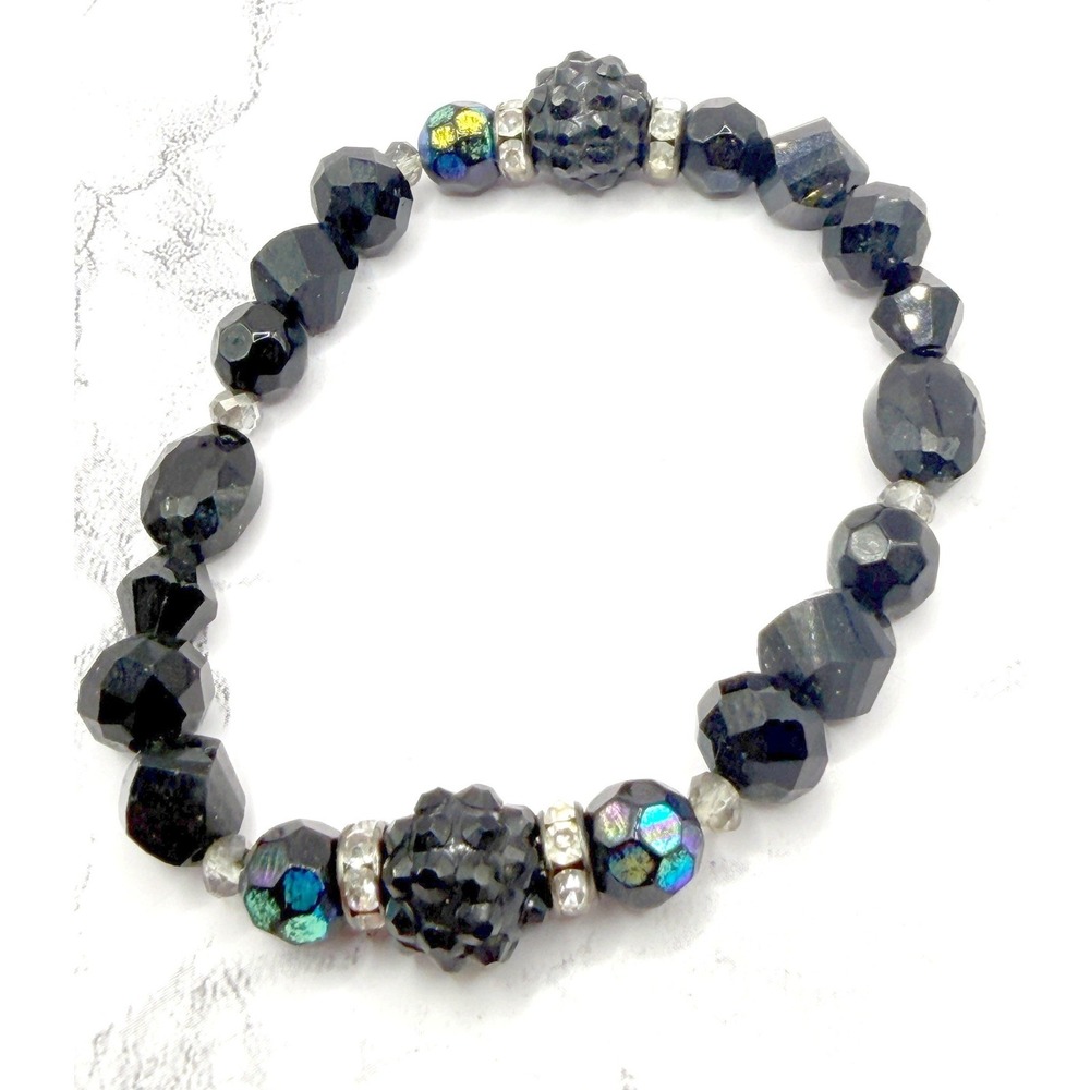 Black Glass Beaded Stretch Bracelet Iridescent‎ Accent Beads 8"